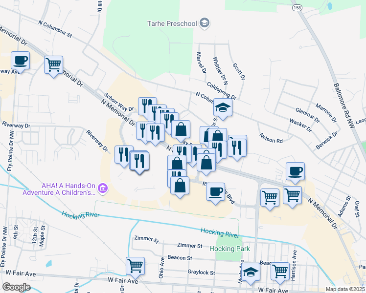 map of restaurants, bars, coffee shops, grocery stores, and more near 2041 Schorrway Drive Northwest in Lancaster