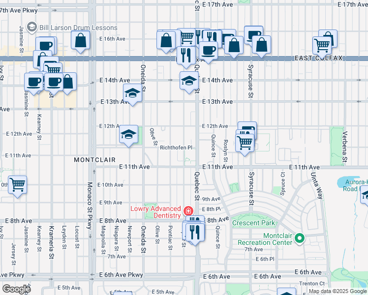 map of restaurants, bars, coffee shops, grocery stores, and more near 7200 Richthofen Place in Denver