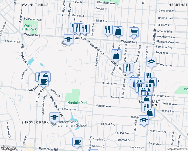 map of restaurants, bars, coffee shops, grocery stores, and more near 2420 Revere Avenue in Dayton