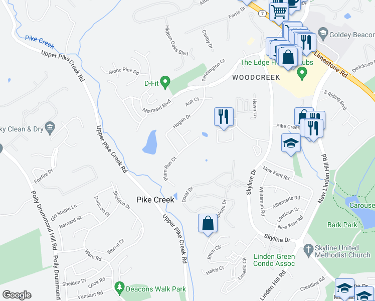 map of restaurants, bars, coffee shops, grocery stores, and more near 4827 Plum Run Court in Wilmington