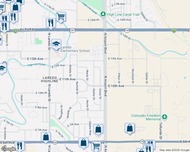 map of restaurants, bars, coffee shops, grocery stores, and more near 1124 Olathe Street in Aurora