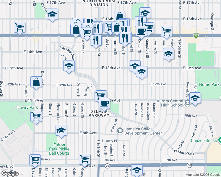 map of restaurants, bars, coffee shops, grocery stores, and more near 1140 Ironton Street in Aurora
