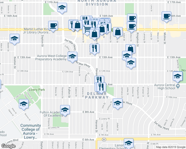 map of restaurants, bars, coffee shops, grocery stores, and more near 1130 Hillside Street in Aurora