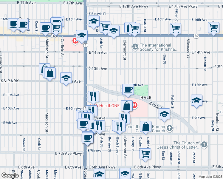 map of restaurants, bars, coffee shops, grocery stores, and more near 1055 Clermont Street in Denver