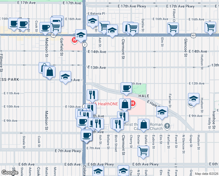 map of restaurants, bars, coffee shops, grocery stores, and more near 4321 Hale Parkway in Denver
