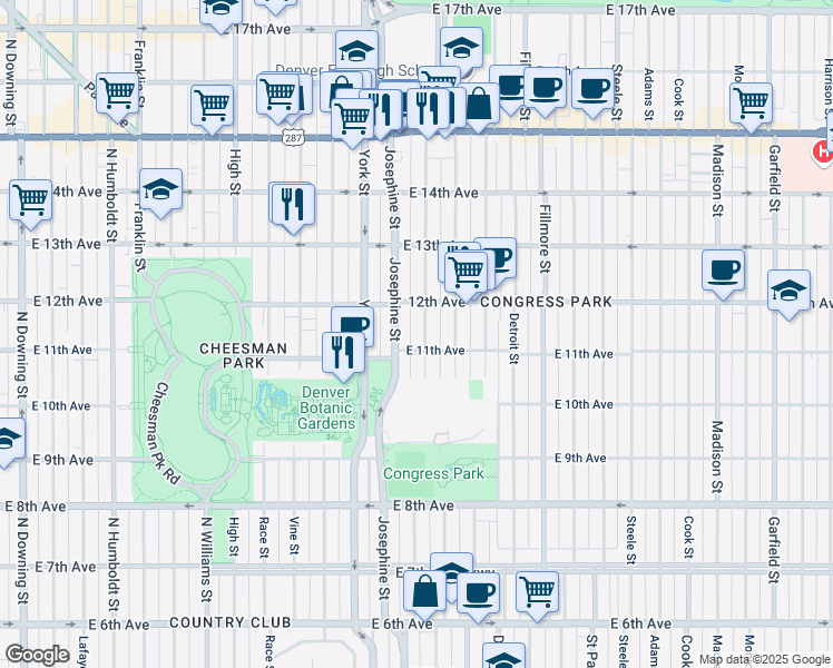 map of restaurants, bars, coffee shops, grocery stores, and more near in Denver