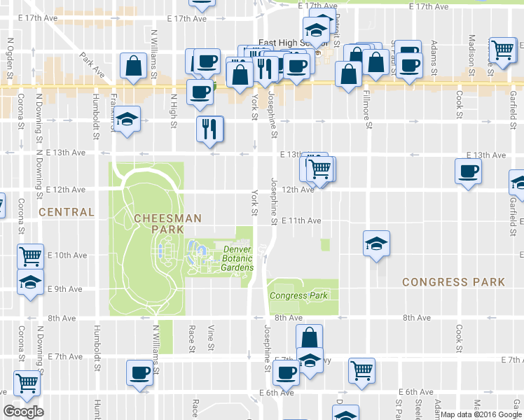 map of restaurants, bars, coffee shops, grocery stores, and more near 2317 East 11th Avenue in Denver