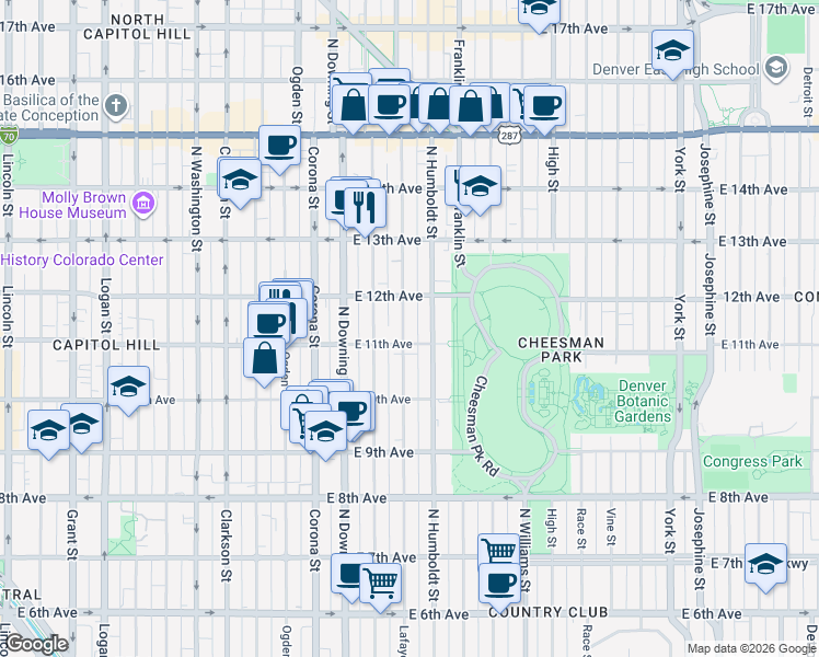 map of restaurants, bars, coffee shops, grocery stores, and more near 1061 Humboldt Street in Denver