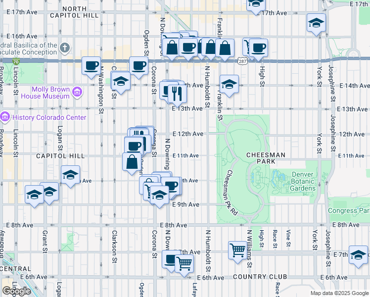 map of restaurants, bars, coffee shops, grocery stores, and more near 1316 East 11th Avenue in Denver
