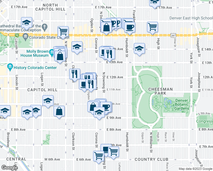 map of restaurants, bars, coffee shops, grocery stores, and more near 1081 North Downing Street in Denver