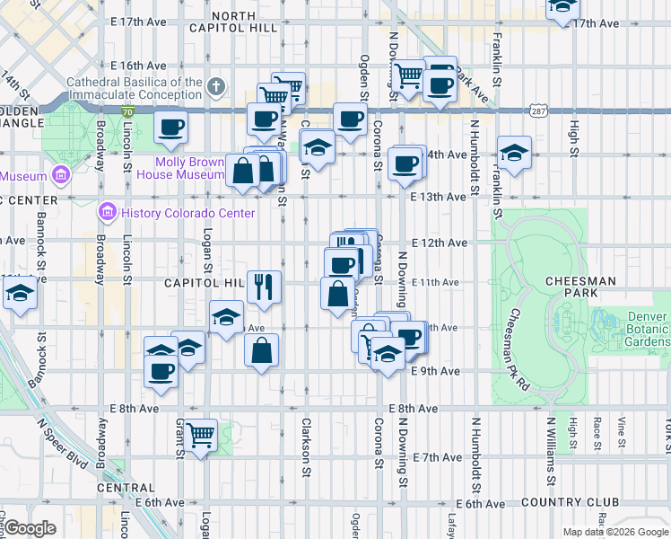 map of restaurants, bars, coffee shops, grocery stores, and more near 900 East 11th Avenue in Denver