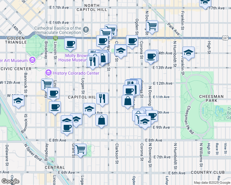 map of restaurants, bars, coffee shops, grocery stores, and more near in Denver