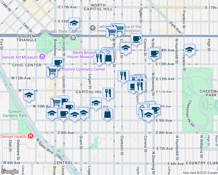 map of restaurants, bars, coffee shops, grocery stores, and more near 1075 North Washington Street in Denver