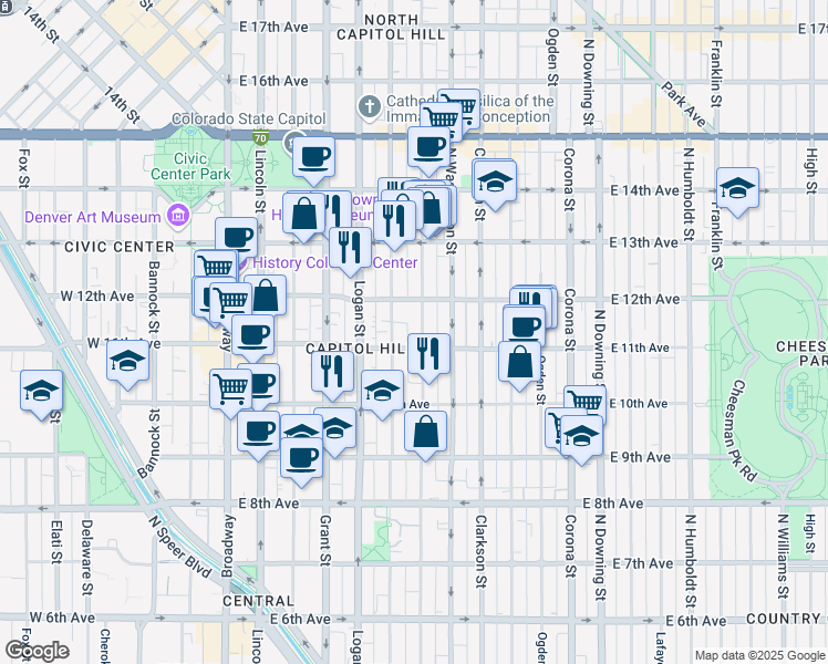 map of restaurants, bars, coffee shops, grocery stores, and more near in Denver