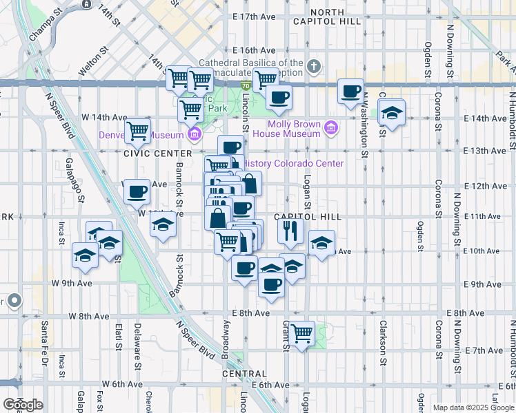 map of restaurants, bars, coffee shops, grocery stores, and more near 1075 Sherman Street in Denver