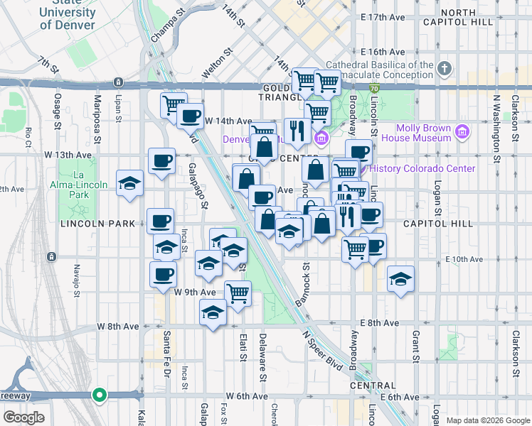 map of restaurants, bars, coffee shops, grocery stores, and more near 1062 Delaware Street in Denver