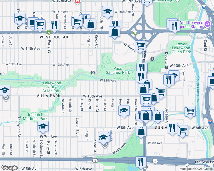 map of restaurants, bars, coffee shops, grocery stores, and more near 1031 Irving Street in Denver