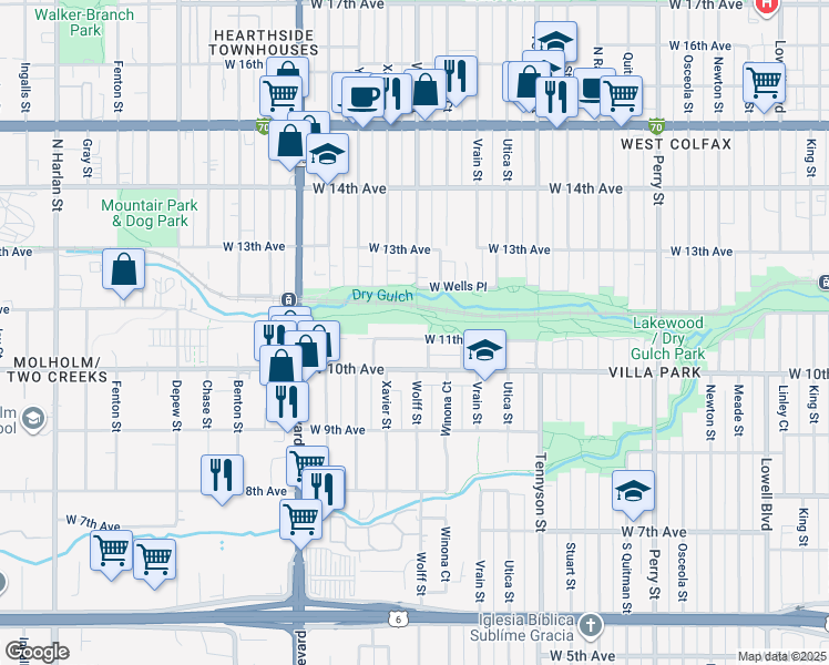 map of restaurants, bars, coffee shops, grocery stores, and more near 4843 West 10th Avenue in Denver