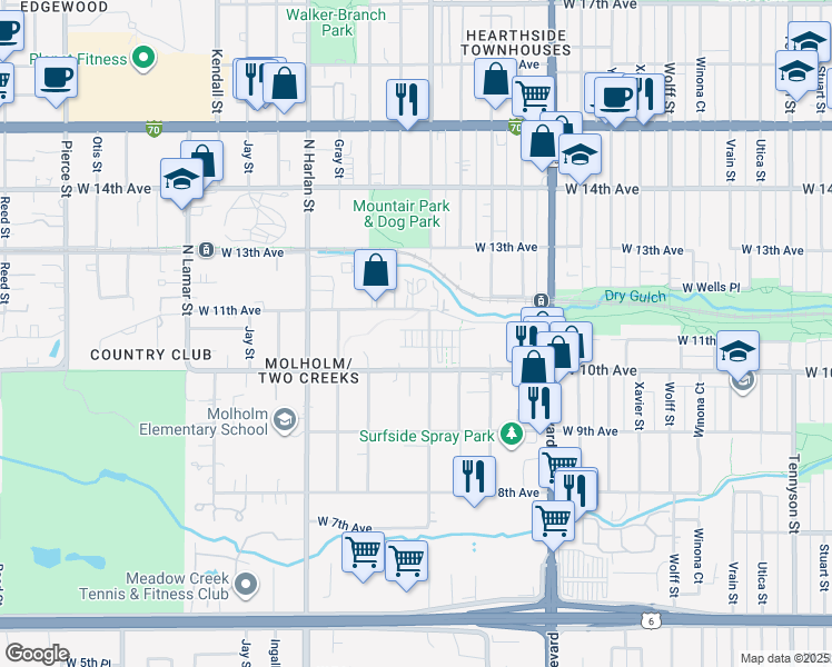 map of restaurants, bars, coffee shops, grocery stores, and more near 5642 West 10th Place in Lakewood