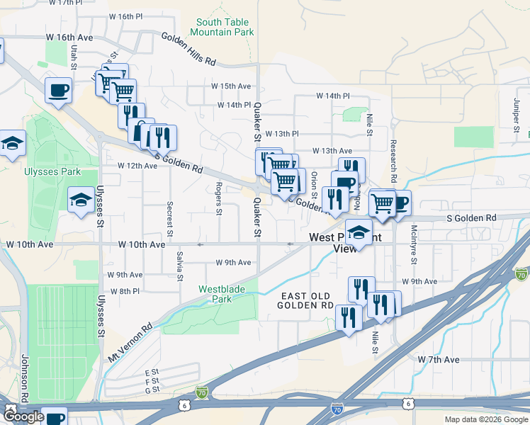 map of restaurants, bars, coffee shops, grocery stores, and more near 1043 Quaker Street in Golden