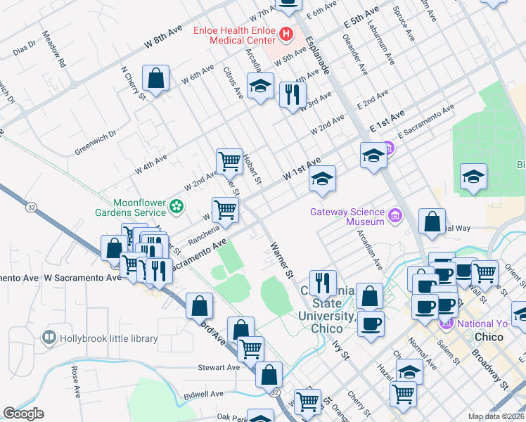 map of restaurants, bars, coffee shops, grocery stores, and more near 611 West Sacramento Avenue in Chico
