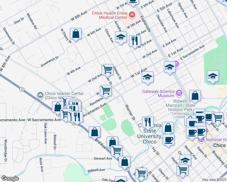 map of restaurants, bars, coffee shops, grocery stores, and more near 611 West Sacramento Avenue in Chico
