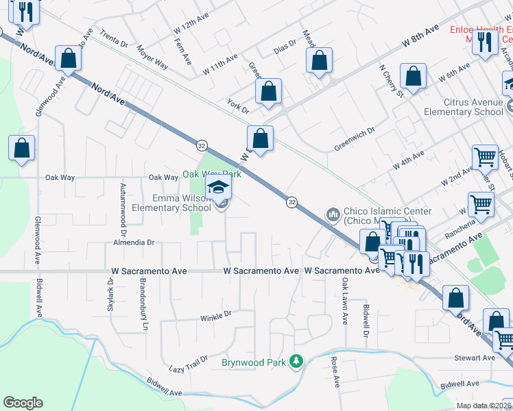 map of restaurants, bars, coffee shops, grocery stores, and more near 1702 Jetta Court in Chico