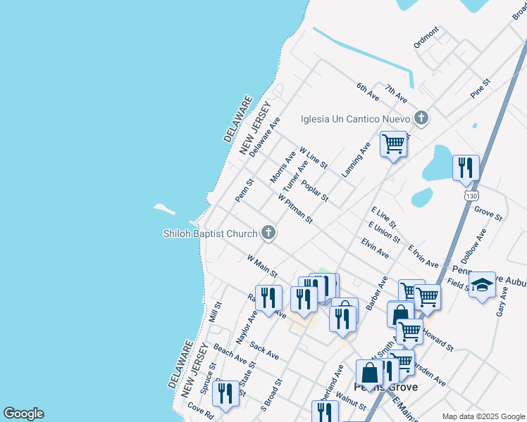 map of restaurants, bars, coffee shops, grocery stores, and more near 34 Franklin Street in Penns Grove