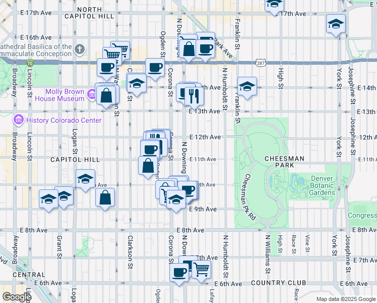 map of restaurants, bars, coffee shops, grocery stores, and more near 1081 North Downing Street in Denver