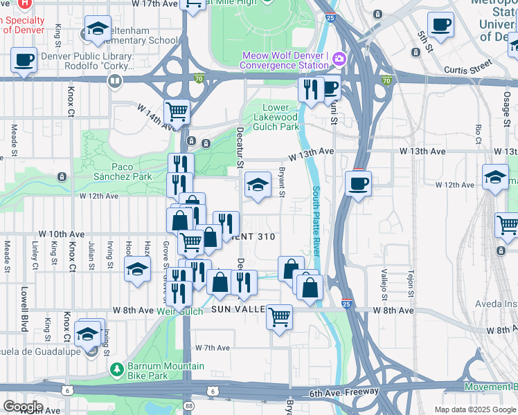 map of restaurants, bars, coffee shops, grocery stores, and more near 2715 West 11th Avenue in Denver