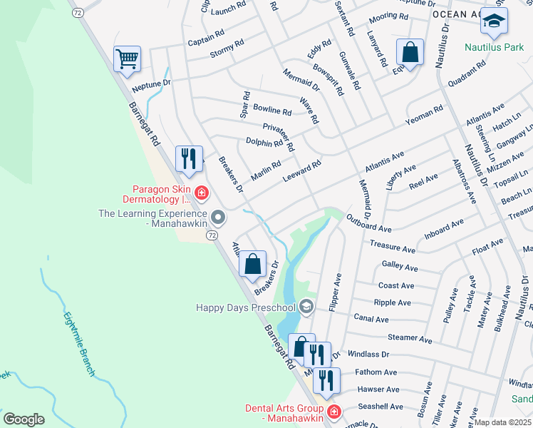 map of restaurants, bars, coffee shops, grocery stores, and more near 86 Atlantis Avenue in Stafford Township