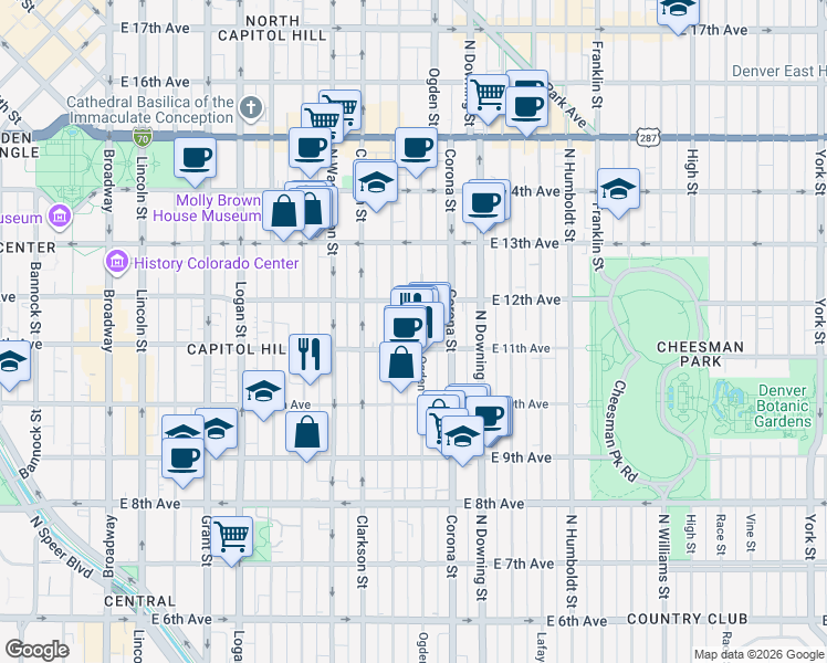 map of restaurants, bars, coffee shops, grocery stores, and more near 900 East 11th Avenue in Denver
