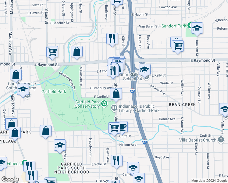 map of restaurants, bars, coffee shops, grocery stores, and more near 2356 Shelby Street in Indianapolis