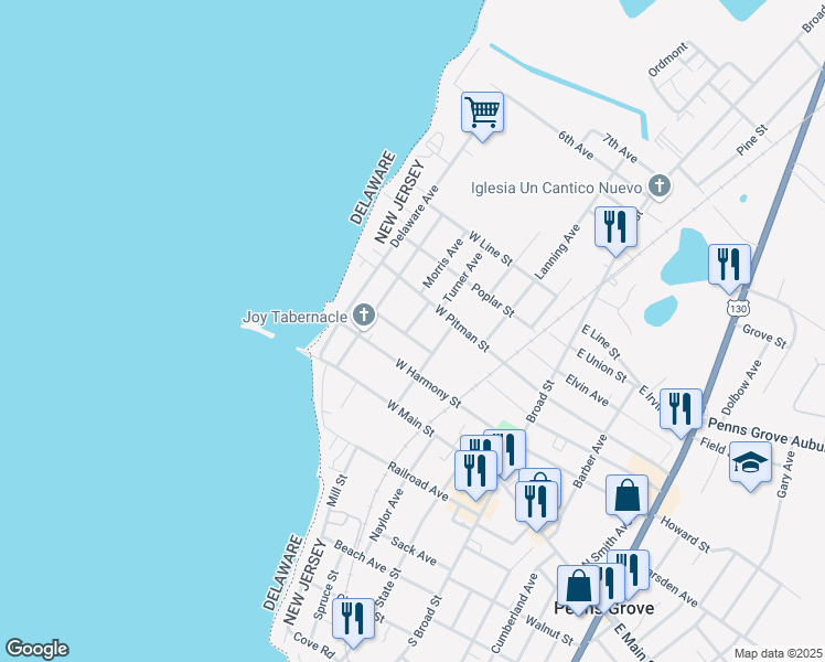 map of restaurants, bars, coffee shops, grocery stores, and more near 41 North New Street in Penns Grove