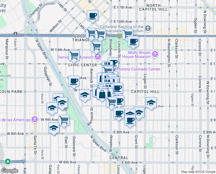 map of restaurants, bars, coffee shops, grocery stores, and more near 1085 North Broadway in Denver
