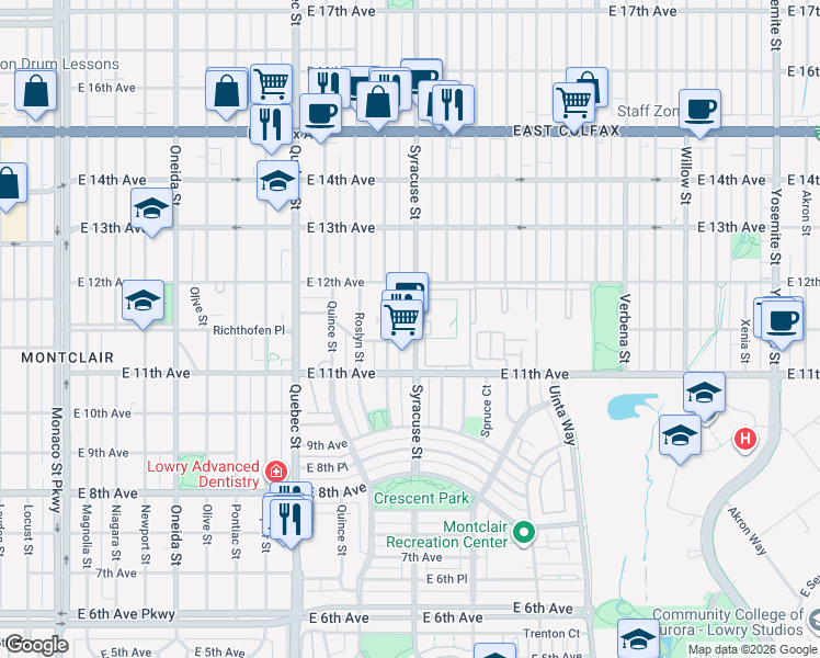 map of restaurants, bars, coffee shops, grocery stores, and more near in Denver