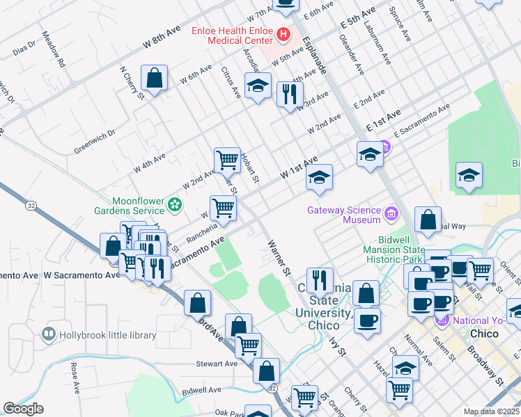 map of restaurants, bars, coffee shops, grocery stores, and more near 508 West Sacramento Avenue in Chico