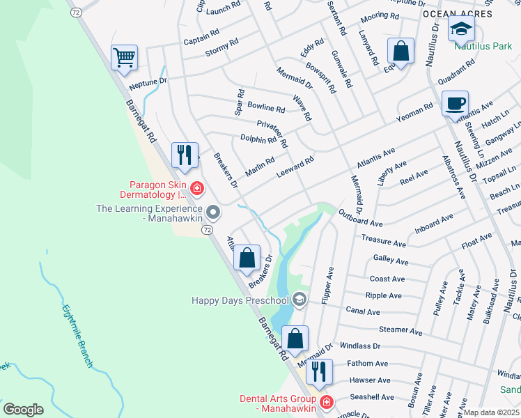 map of restaurants, bars, coffee shops, grocery stores, and more near 86 Atlantis Avenue in Stafford Township