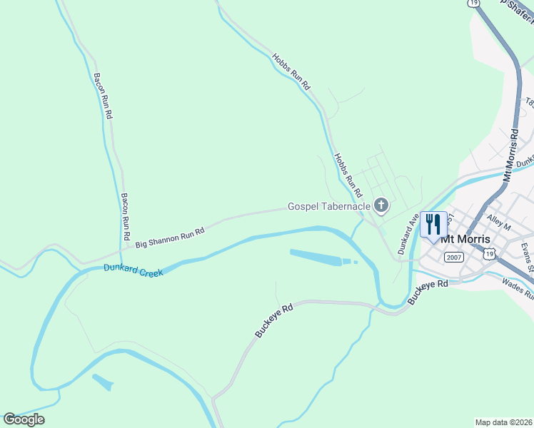 map of restaurants, bars, coffee shops, grocery stores, and more near 223 Big Shannon Run Road in Mount Morris