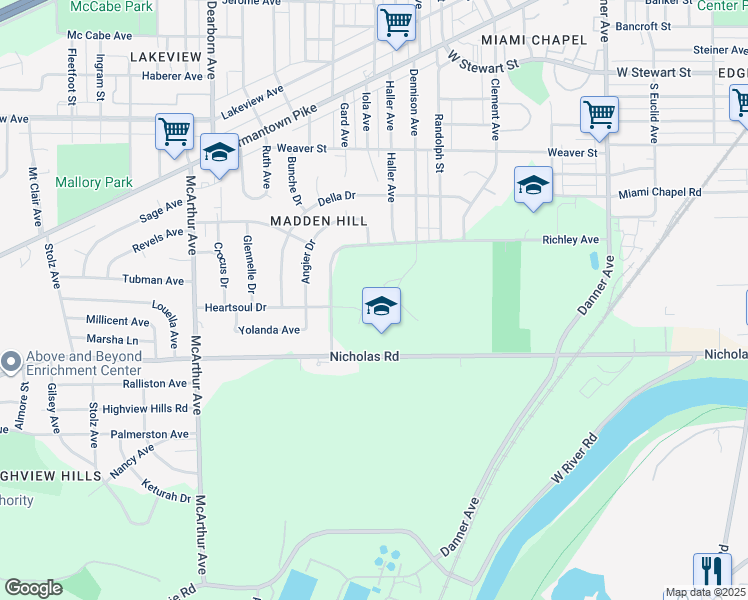 map of restaurants, bars, coffee shops, grocery stores, and more near 1400 Albritton Drive in Dayton