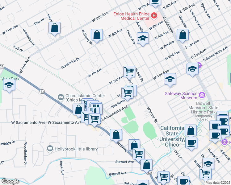 map of restaurants, bars, coffee shops, grocery stores, and more near 728 West 1st Avenue in Chico