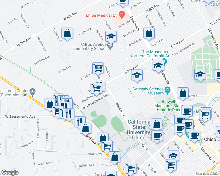 map of restaurants, bars, coffee shops, grocery stores, and more near 1020 Warner Street in Chico