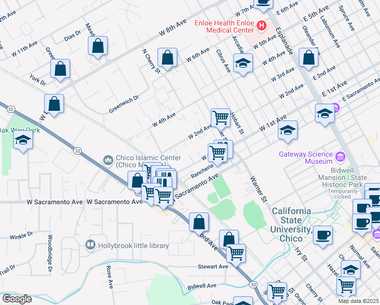 map of restaurants, bars, coffee shops, grocery stores, and more near 8 Klondike Court in Chico