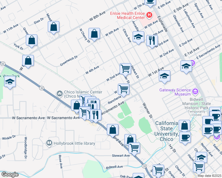 map of restaurants, bars, coffee shops, grocery stores, and more near 728 West 1st Avenue in Chico