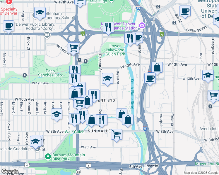 map of restaurants, bars, coffee shops, grocery stores, and more near 2715 West 11th Avenue in Denver