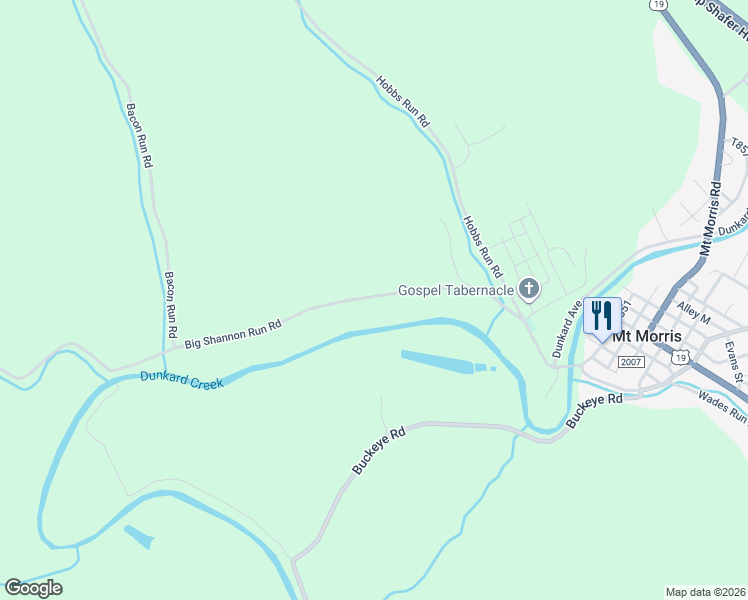 map of restaurants, bars, coffee shops, grocery stores, and more near 223 Big Shannon Run Road in Mount Morris