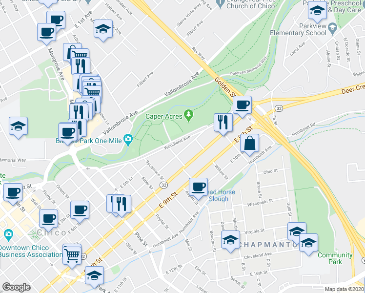 map of restaurants, bars, coffee shops, grocery stores, and more near 1174 East 7th Street in Chico