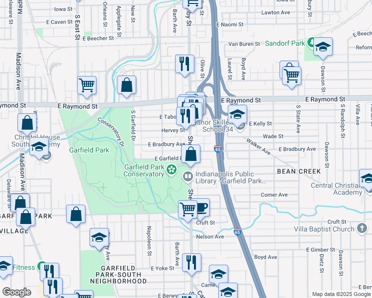 map of restaurants, bars, coffee shops, grocery stores, and more near 2354 Shelby Street in Indianapolis