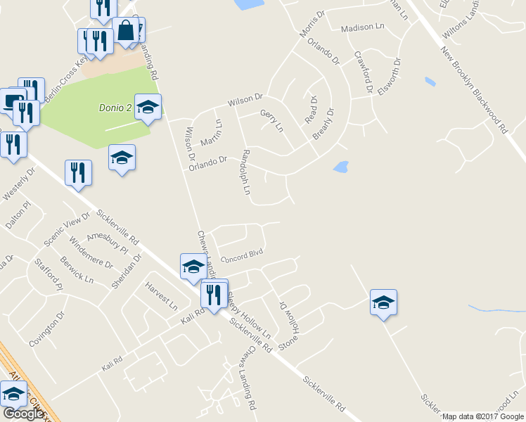 map of restaurants, bars, coffee shops, grocery stores, and more near 52 Randolph Lane in Winslow Township