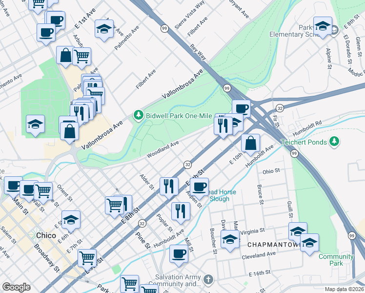 map of restaurants, bars, coffee shops, grocery stores, and more near 1174 East 7th Street in Chico